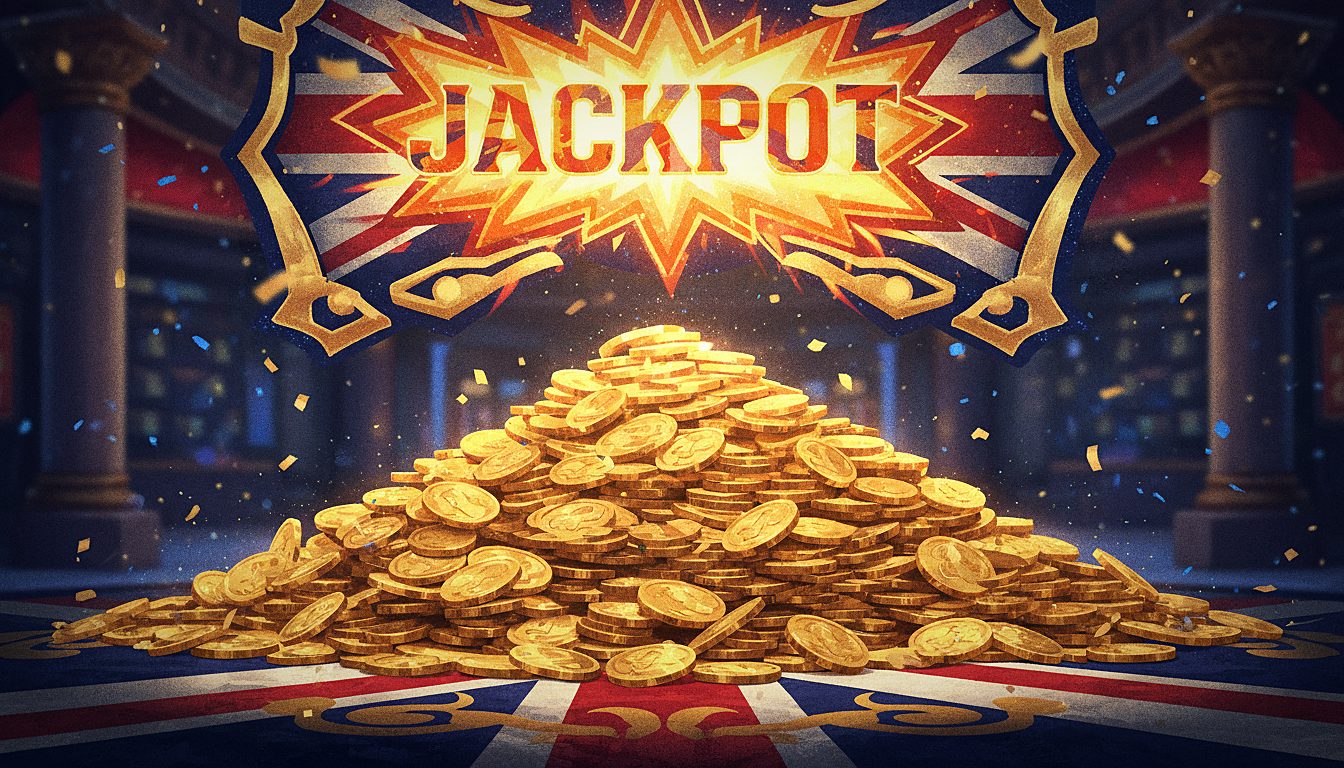 pile of gold coins and a glowing jackpot sign