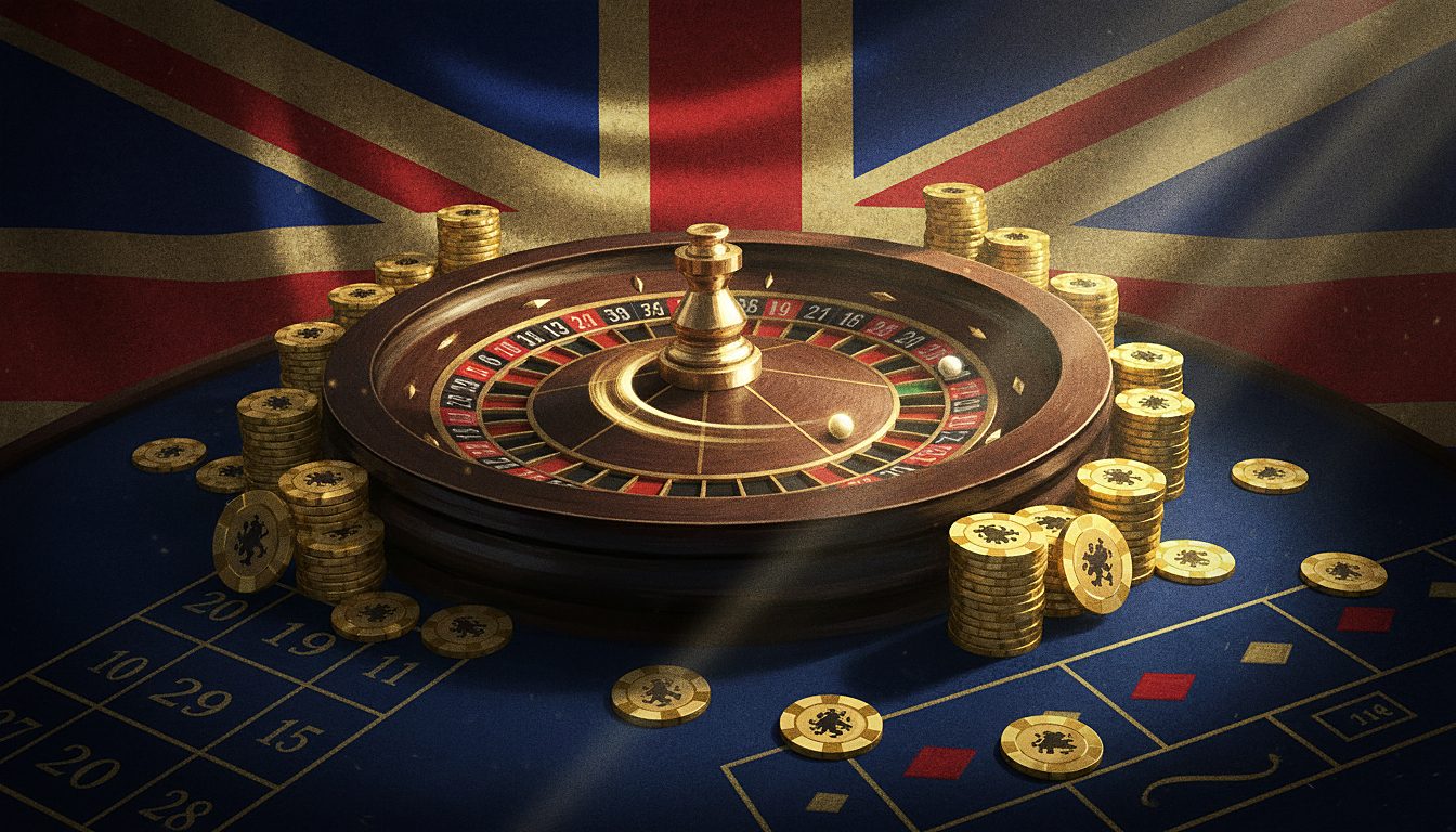 roulette wheel with gold chips, dramatic casino lighting